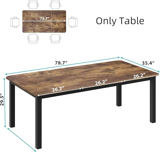Garvee 78.7 Inch Industrial Dining Table for 6-8 People, Large Dinner Kitchen Tables with Sturdy Metal Frame, Multi-Use for Dining Room Living Room Indoor Restaurant Office Desk (Only Table)
