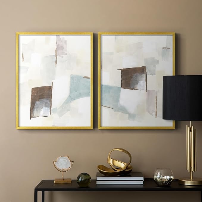 Renditions Gallery Set of 2 Peel & Stick Framed Prints, Abstract Wall Art, Minimalist Color Block Brush Strokes Wall Decor, Re-Stickable - Ready to Hang - 8"x10" - GOLD Frame LT588