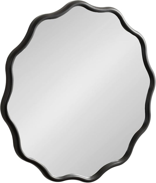 Kate and Laurel Talma Modern Round Scalloped Wall Mirror, 30 Inch Diameter, Black, Circle Mirror with Solid Poplar Wood Frame and Rounded Frame Profile