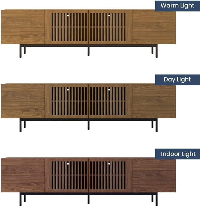 POVISON Full Assembled Mid-Century Modern TV Stand with Slatted Doors, Wood Media Console for 75 Inch TV, TV Console with Tall-cast Metal Legs, Entertainment Center with Storage for Living Room
