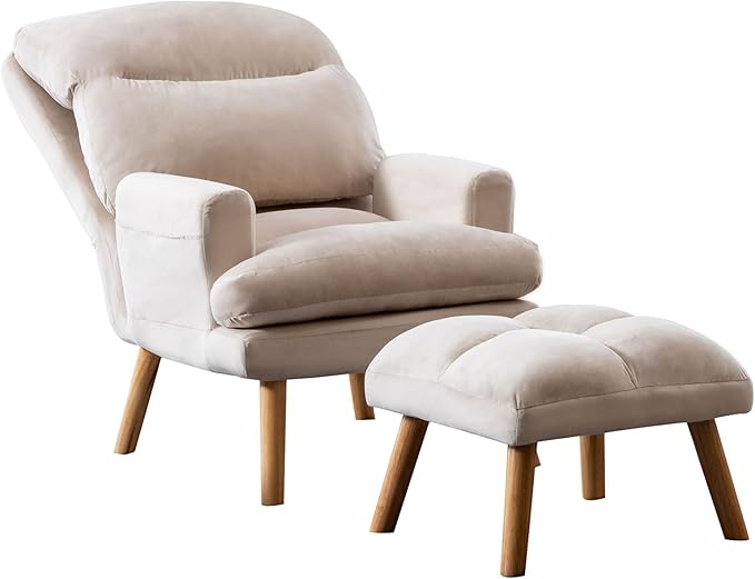 Accent Chair with Ottoman Comfy Reading Chair Armchair with Adjustable Backrest and Side Pockets Soft Fabric Leisure Sofa for Bedroom, Living Room, Dorm Rooms, Garden, Beige