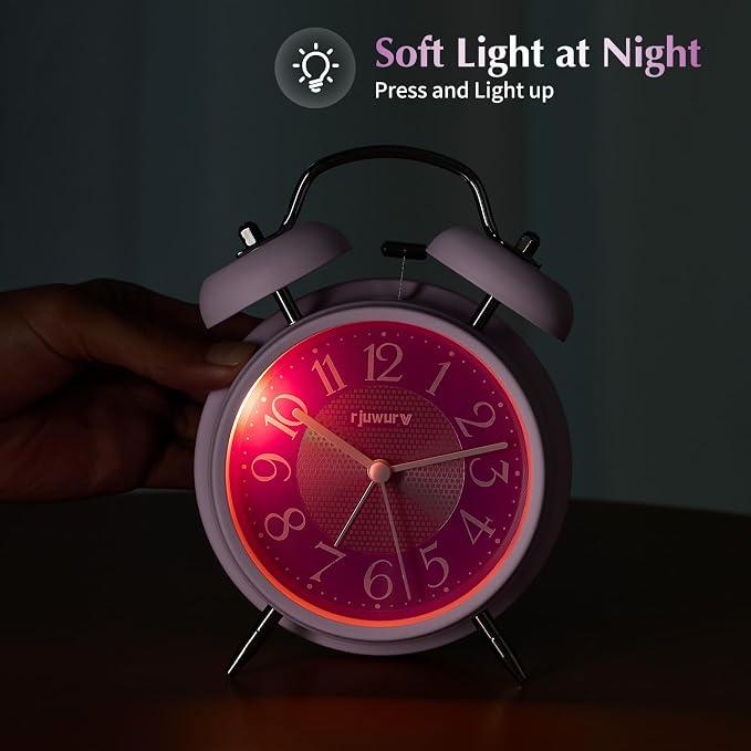 rjuwurv 4" Loud Alarm Twin Bell Alarm Clock, Night Light, Desk Clock Table Alarm Clock Bedroom Alarm Clock(Pink Power)