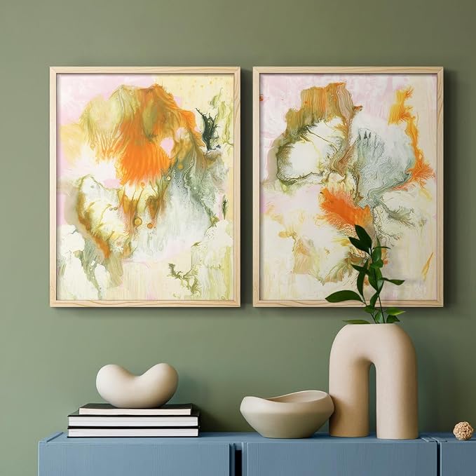 Renditions Gallery Set of 2 Peel & Stick Framed Prints, Modern Abstract Wall Art, Mix Color Oil Paint Design Wall Decor, Re-Stickable - Ready to Hang - 11"x14" - NATURAL WOOD Frame LT588