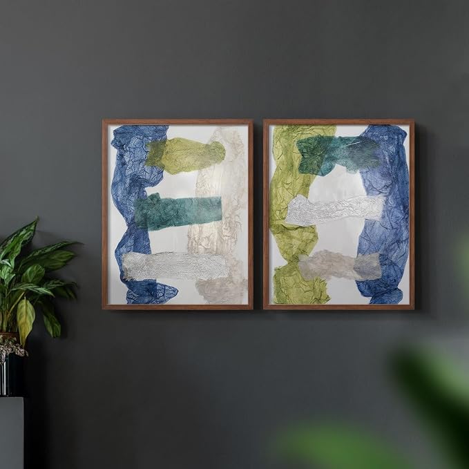 Renditions Gallery Set of 2 Peel & Stick Framed Prints, Elegant Abstract Wall Art, Dyed Cloth Texture Wall Decor, Re-Stickable - Ready to Hang - 16"x20" - Walnut Frame LT588