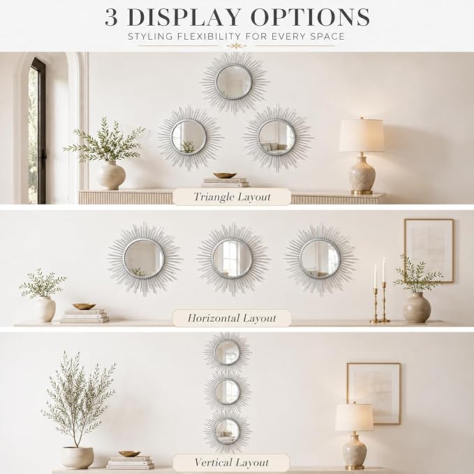 Silver Sunburst Mirror Set of 3, 3PCS Metal Round Decorative Wall Mirrors, Starburst Accent Mirror Wall Decor for Bathroom, Living Room, Bedroom & Entryway