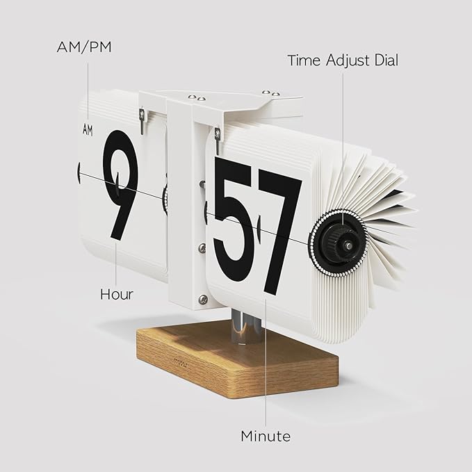 mooas Classic Modern Wood Big Flip Desk Clock (White), Retro Vintage Analog Design Auto Flip Clock Table Clock Large Number Battery Powered, Ideal for Home Office School Hotel Café