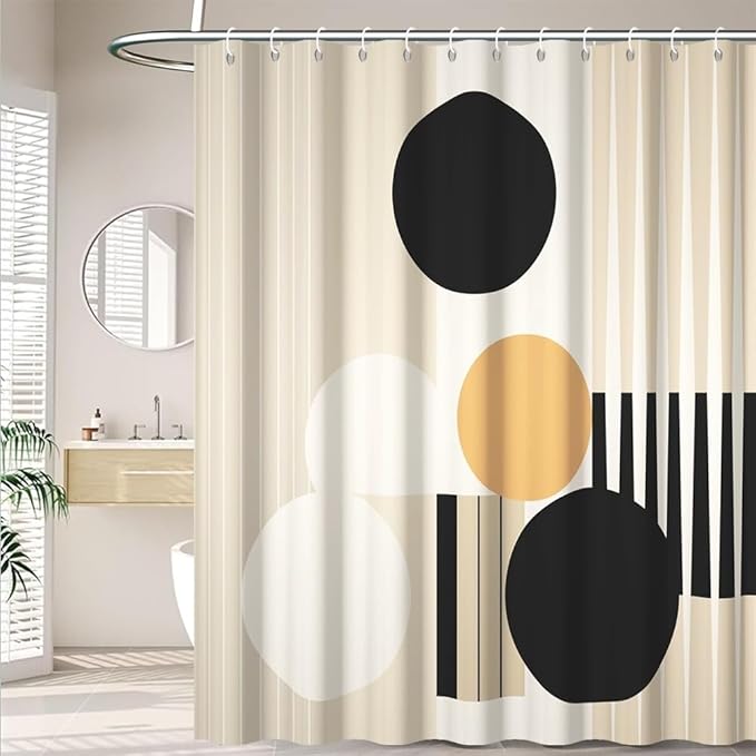 Mid Century Boho Shower Curtain for Bathroom Beige and White Striped Minimalist Neutral Bathroom Decor Modern Chic Aesthetic Bathtub Curtains Washable Waterproof Polyester Fabric with Hooks 69x75 Inch