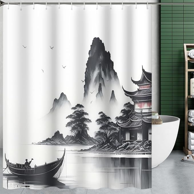 Abstract Ink Painting Shower Curtain Chinese Traditional Nature Landscape Mountains Lake Shower Curtains for Bathroom Accessories Waterproof Polyester Fabric with Hooks, 72 x 72 Inch