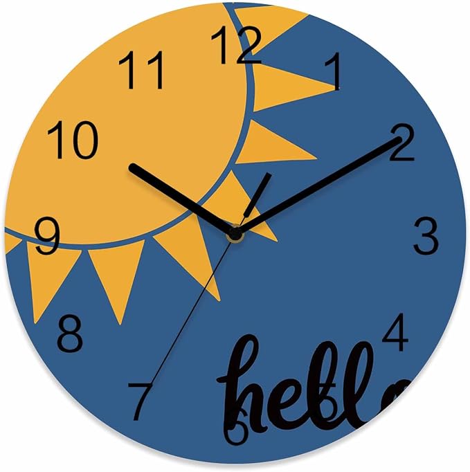 Sunburst Rays Wall Clock Battery Operated Non-Ticking 10" Round Wood Clocks, Mustard Yellow Slate Blue Kitchen Wall Clock for School Bathroom Living Room Home Office Wall Decor