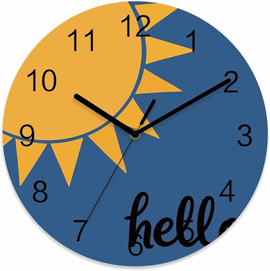 Sunburst Rays Wall Clock Battery Operated Non-Ticking 10" Round Wood Clocks, Mustard Yellow Slate Blue Kitchen Wall Clock for School Bathroom Living Room Home Office Wall Decor