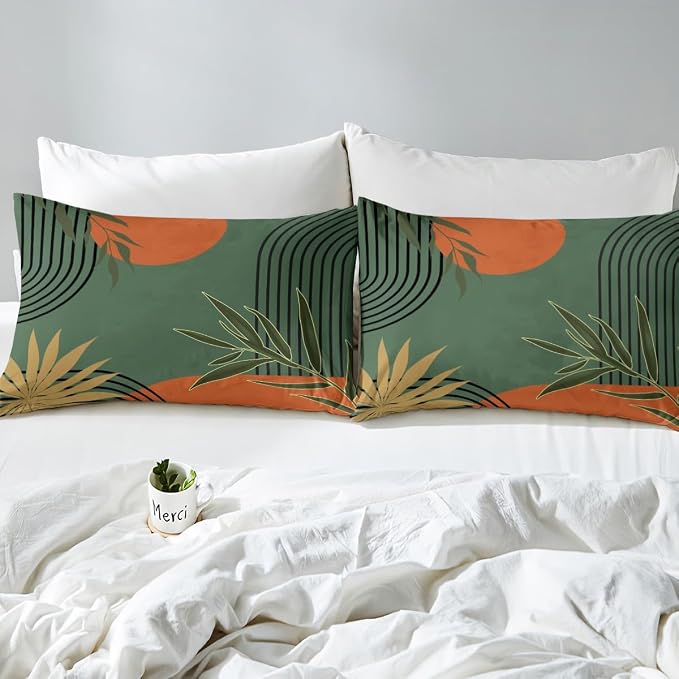 Erosebridal Abstract Modern Sun Duvet Cover Twin for Kids Boys Girls,Geometric Leaves Comforter Cover,Minimalist Aesthetic Bedding Set,Mid Century Green Orange Bed Set 2 Pcs Bedroom Decor