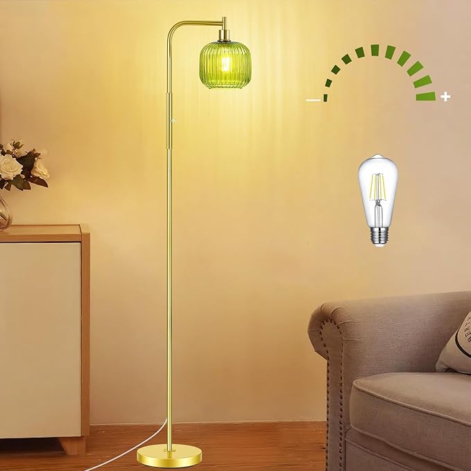 Vinaco Glass Arc Floor Lamps for Living Room, Brused Gold Floor Lamp with Ribbed Glass Shade, Dimmable Tall Lamps with Rotary Switch, Modern Standing Lamp with Bulb Included for Bedroom, Study Room