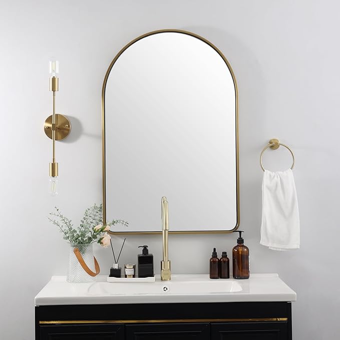 ANDY STAR Brass Mirror, 20x30 Gold Arched Mirror, Brass Bathroom Mirrors for Wall in SUS304-Anti-Rust, Seamless Tube Metal Frame, Wall-Mounted Vertical 1’’ Deep