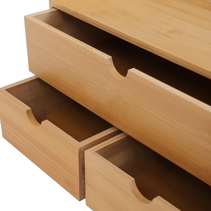 Bamboo Desk Organizer Small Retro Bamboo Tabletop Storage Box with Drawers& Recess Handles for Office Home Supplies Table Storage Collector 12 * 7.87 * 8.27in (3 Drawers/1 Top&2 Bottom)