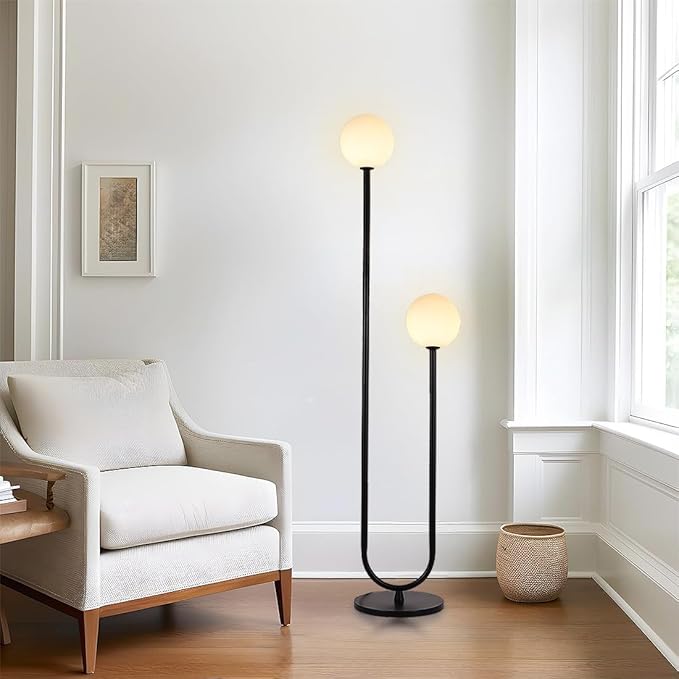 Mid Century Black U-Shape Floor Lamp 60inch Tall Globe Glass Stand Floor Light Modern Black Floor Lamp for Living Room Bedrooms Offices,Milk White Glass Lampshade,G9 Bulb