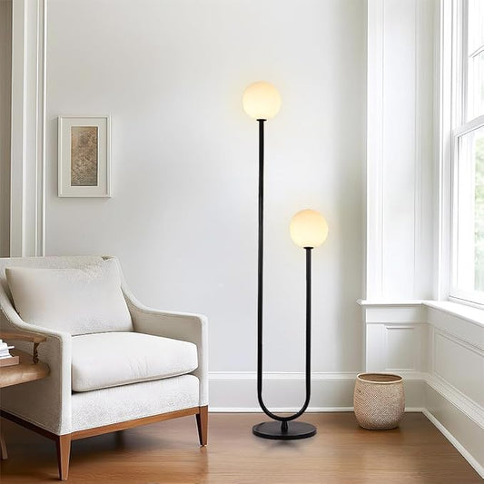 Mid Century Black U-Shape Floor Lamp 60inch Tall Globe Glass Stand Floor Light Modern Black Floor Lamp for Living Room Bedrooms Offices,Milk White Glass Lampshade,G9 Bulb