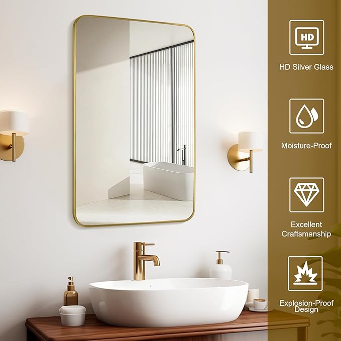 Gold Mirror Bathroom 20X30 Inch Stainless Steel Metal Frame Brushed Gold Mirrors for Wall Vanity Mirror Rounded Rectangle Mirror Rustproof 1’’ Deep Wall Mounted Hangs Vertically or Horizontally