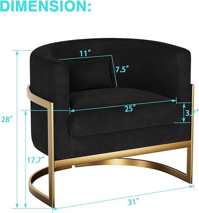 Velvet Accent Chair Gold Modern Barrel Chair Upholstered Arm Chairs for Bedroom Living Room Sofa Chair Club Chairs Black