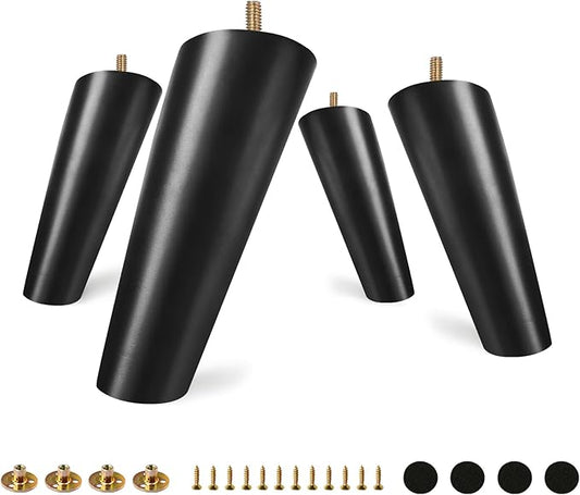 FoDau770 Black Rubber Wood Furniture Legs 6 Inches, Slant Tapered Wood Feet Mid Century Sofa Legs Set of 8, 5/16" UNC Furniture Feet Replacement Parts for Cabinet Couch Dresser Chair Ottoman Table