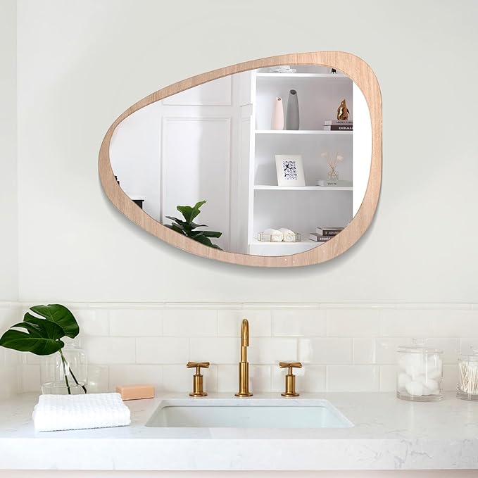 Asymmetrical Wood Frame Wall Mirror, Irregular Organic Decorative Wall-Mounted Mirror for Living Room, Bedroom & Entryway, Modern Mid-Century Boho Accent Mirror 24" x 35"