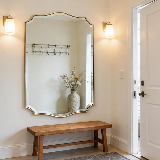 POZINO Brushed Gold Beveled Mirror, 24"x40" Scalloped Vanity Mirrors for Over Sink, Modern Irregular Wavy Bathroom Mirrors, Brass Rectangle Wall Mirror for Living Room Bedroom Fireplace Entryway