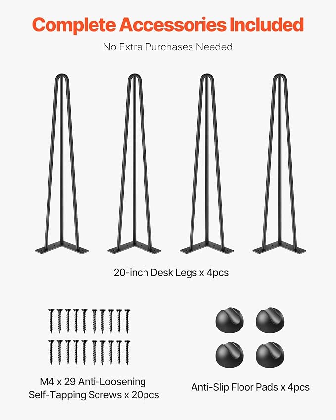 VEVOR Hairpin Table Legs 20" Black Set of 4 Desk Legs 880lbs Load Capacity (Each 220lbs) Hairpin Desk Legs 3 Rods for Bench Desk Dining End Table Chairs Carbon Steel DIY Heavy Duty Furniture Legs