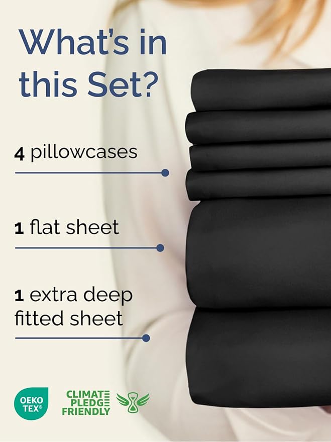 Extra Deep Queen Sheet Set - 6 Piece Breathable and Cooling Sheets - Hotel Luxury Bedding for Women, Men, Kids & Teens - Easy & Secure Fit - Soft, Wrinkle Free and Comfy - Extra Deep Pockets - Black