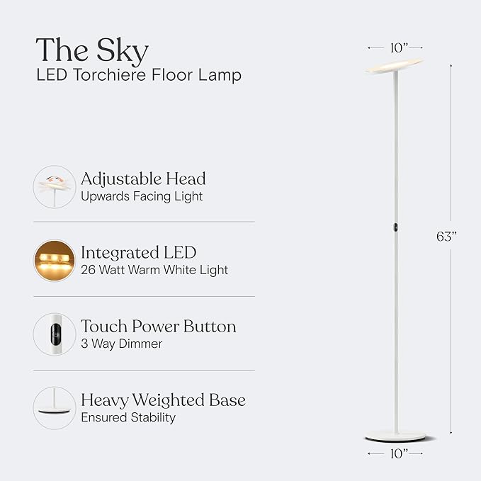 Brightech Sky LED Floor lamp, Torchiere Super Bright Floor Lamp for Living Room Decor & Office - Dimmable, Tall Standing Lamp with Warm Light for Bedroom & Reading - White