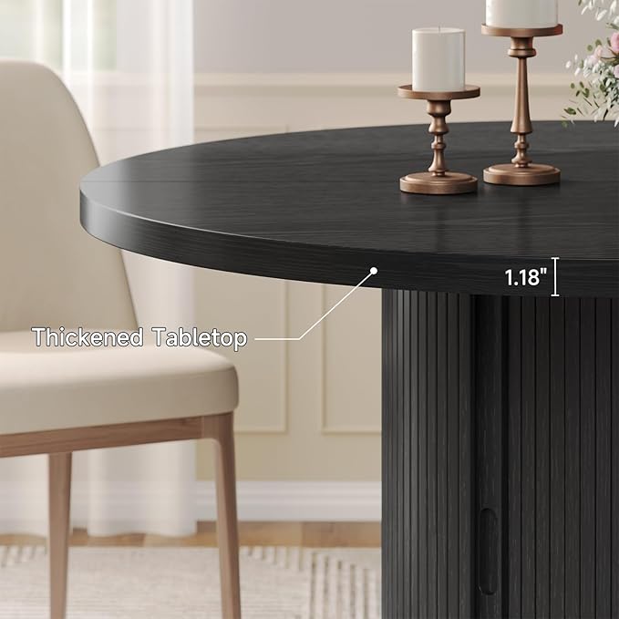 Round Dining Table for 4-6 Seats, 47" Circle Kitchen Table with Storage Drawer, Modern Mid-Century Pedestal Dinner Tables, Fluted Wood Base, Space Saving Dining Room Furniture for Family Party, Black