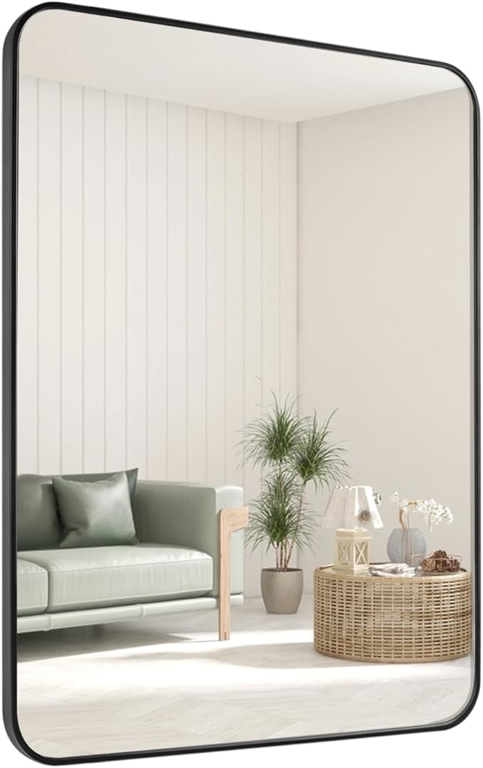 Black Bathroom Mirror 30X36 Inch Rounded Rectangle Wall Mirror Stainless Steel Metal Frame Vanity Mirror Anti-Rust for Entryway, Bathroom, Vanity, Living Room Hangs Vertically or Horizontally