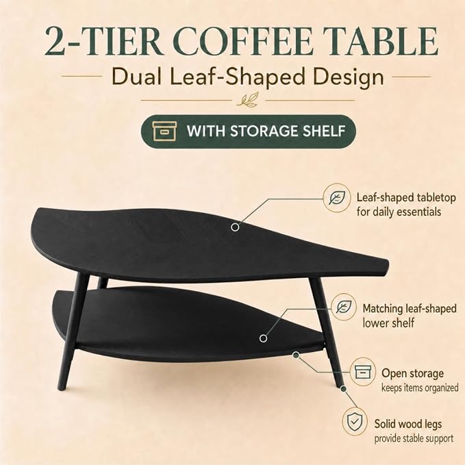 Small Coffee Table with Storage,Unique Leaf Handcrafted Marquetry,Mid Century Modern Oval Wooden Coffee Table,Natural Oak Veneer, Solid Wood Legs,for Living Room,Apartment(Black)