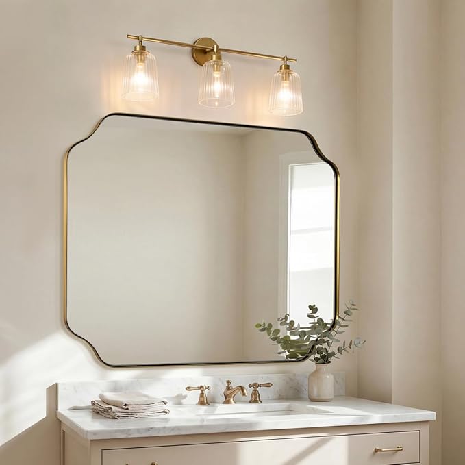 ANDY STAR 36"x40" Brass Vanity Mirror, Large Scalloped Bathroom Mirror, Brushed Gold Trim Mirror in Anti-Rust Stainless Steel Metal Frame, Irregular Shaped Mirror Ideal for Bathroom Remodel