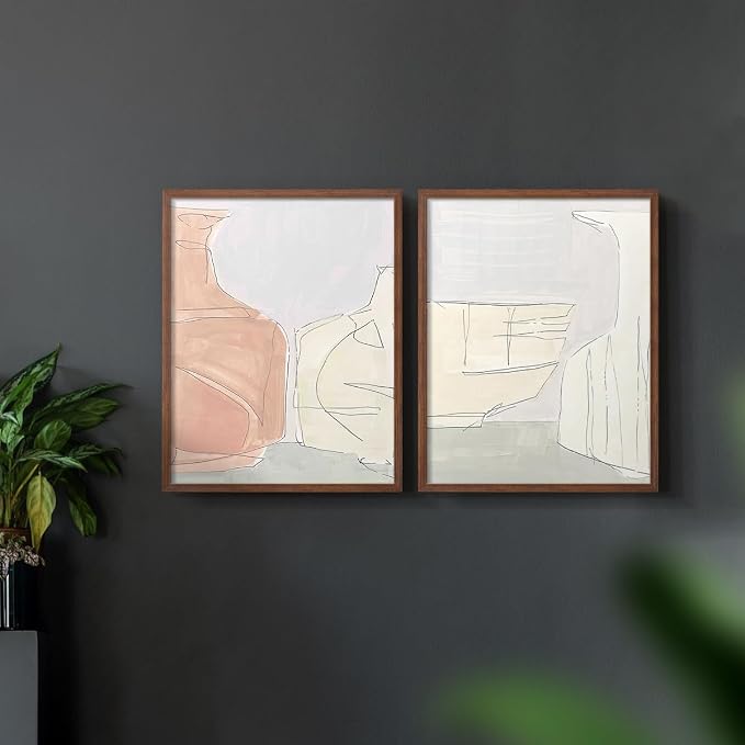 Renditions Gallery Set of 2 Peel & Stick Framed Prints, Neutral Abstract Wall Art, Soft Tones Delicate Linework Wall Decor, Re-Stickable - Ready to Hang - 22"x28" - Walnut Frame LT588