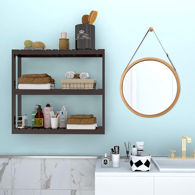 Domax Bamboo Bathroom Shelf 3-Tier Wall Mount Storage Rack Multifunctional Adjustable Layer Free Standing Over Toilet Utility Shelves Living Room Kitchen (Brown)