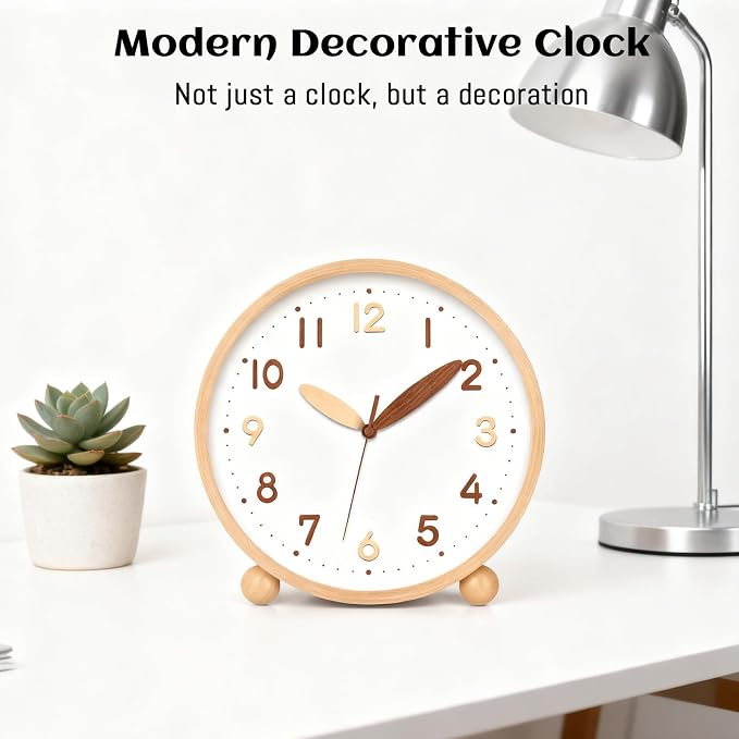 Maxspace Wooden Table Clock,8in Silent Non-Ticking Desk Clock,Battery Operated Desktop Analog Clock for Living Room Bedroom Kitchen Office Classroom Decor (Log - Double Wood Font)