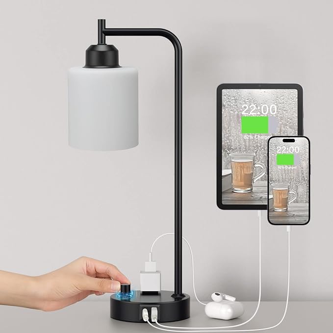 Industrial Bedroom Table Lamps for Bedside - White Opal Glass Shade Desk Lamps with USB C Port, Fully Dimmable Black Lamps with USB Port and Outlet, Reading Nightstand Lamp for Office Living Room