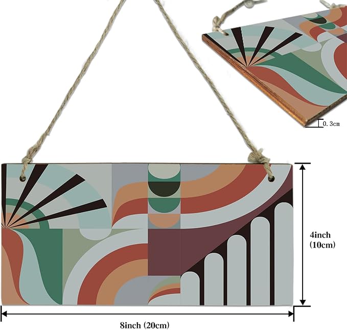 Geometric Abstract Hanging Wood Plaque Sign Wall Decor Welcome Sign, Rertro Middle Century Multi Colored Geometric Wood Frame with Jute Rope Wall Art Decoration for Bedroom Living Room 8"x4"