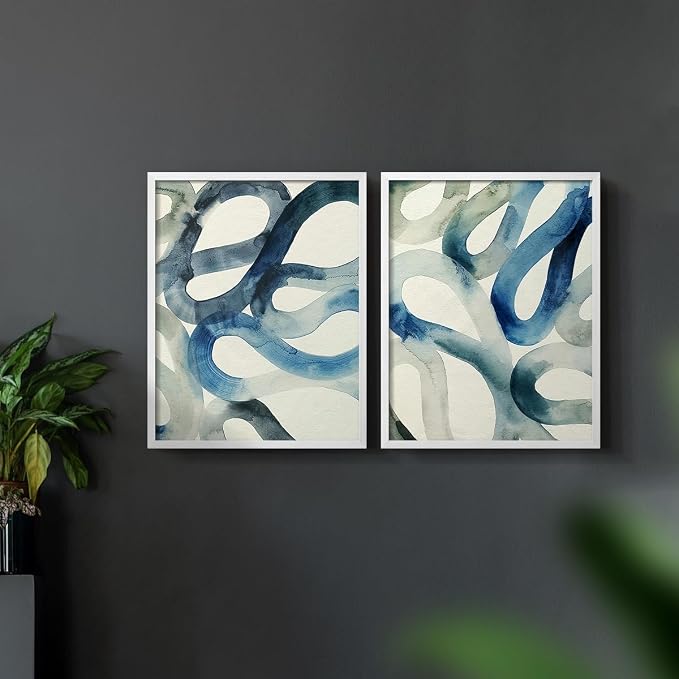Renditions Gallery Set of 2 Peel & Stick Framed Prints, Watercolor Abstract Wall Art, Aquatic Water and Sand Strokes Wall Decor, Re-Stickable - Ready to Hang - 16"x20" - White Frame LT588