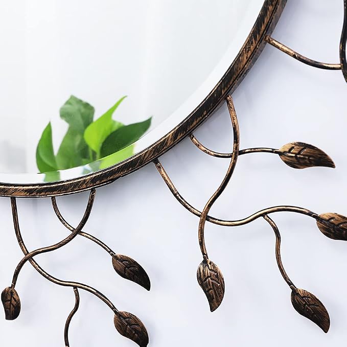 Chende Round Decorative Mirror for Wall Decor, 39" x 39" Large Living Room Mirror with Removable Metal Leaves for Entryway, Home Office, Bedroom,Farmhouse