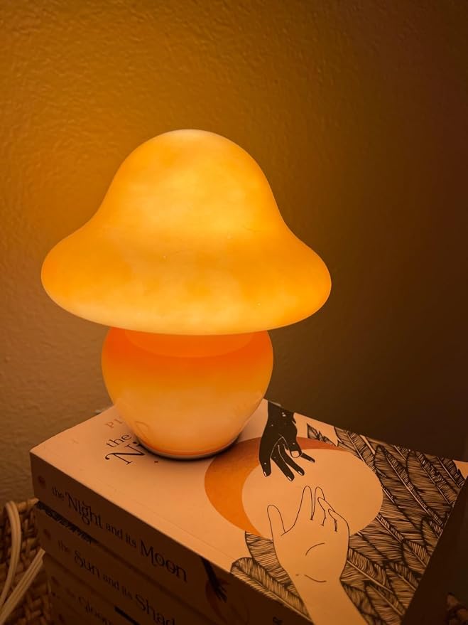 HEQET Mushroom Lamp Orange Glass Mushroom Table Lamp for Bedrooms, Living Room, Aesthetic Lamps for Bedroom, Cute Bedside Lamp