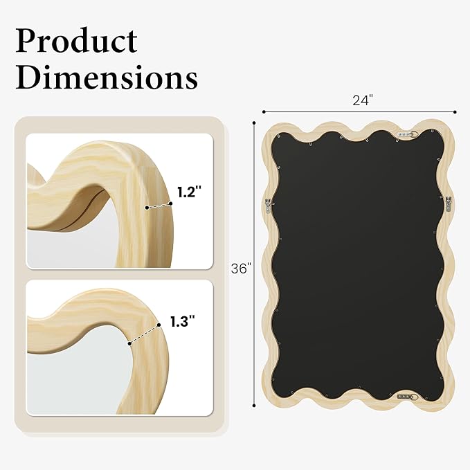 24"x36" Wood Bathroom Mirror & Wavy Wall Mirror, Large Solid Wood Asymmetrical Mirror for Vanity, Natural Wooden Frame Squiggle Mirror, Japandi Boho Aesthetic Decor