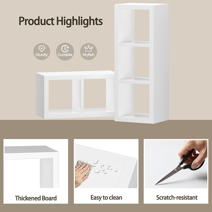 furtble 3 Cube Storage Organizer Shelf, 2-Pack White Cube Bookcase, Morden Bookshelf for Bedroom, Living Room, Closet, Office, 11.2" D x 13.38" W x 35.82" H