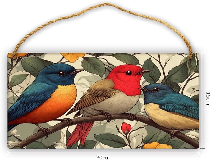 Traditional Birds Portrait Wooden Sign 12x6 Inch - Vintage Decor for Botanical Enthusiasts & Bird Lovers, Ideal for Spaces Celebrating Classic Nature Art