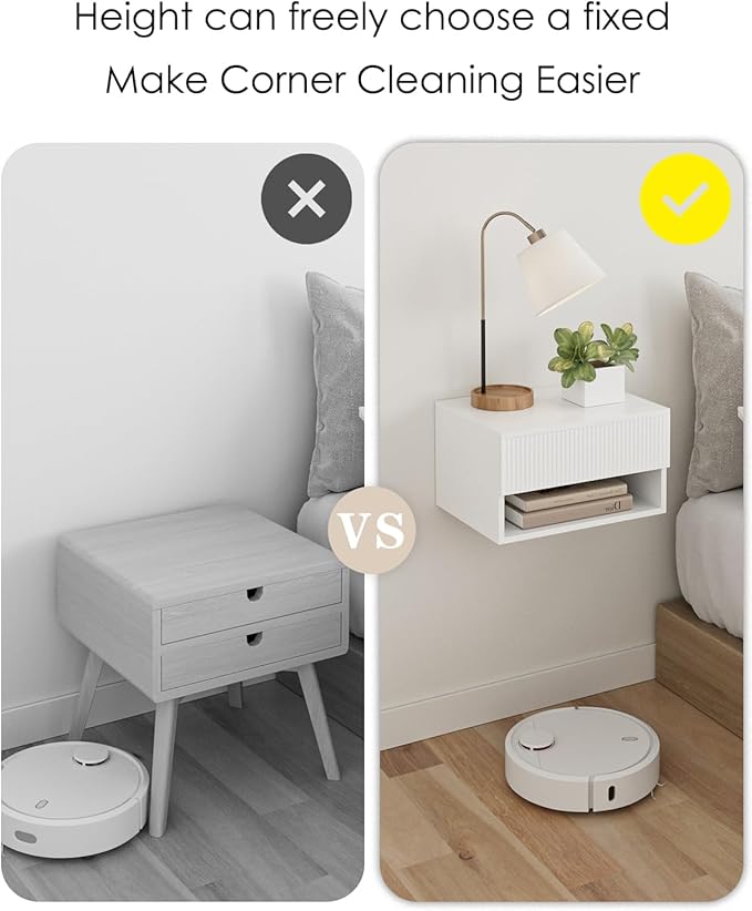 Modern Small Nightstand with Drawer, Floating Shelves for Bedroom, Bathroom (White Stripe)