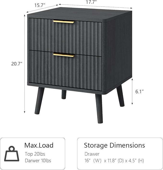 CARPETNAL Fluted Dresser and Nightstand Sets for Bedroom, 3 Pcs Bedroom Set, 8-Drawer Dresser & 2-Drawer Nightstand Set of 2, Modern Wood Chest of Drawers for Living Room, Entryway, Black