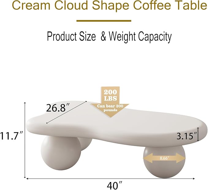 40" Modern White Coffee Table Cloud Shape Low Center Table Cute Irregular Indoor Tea Table with 3 Ball Legs for Living Room Small Space