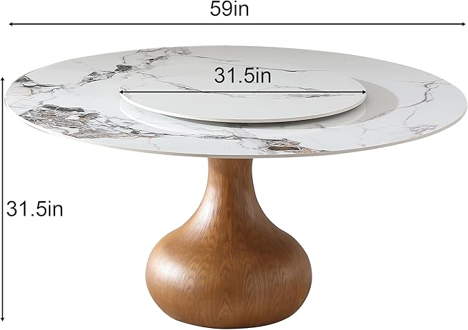Marble Dining Table, 59" Round Sintered Stone Table for Dining Room, Kitchen, Dinette, Compact Space with Lazy Susan for 4-8 Only Table
