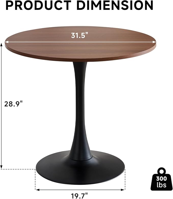 31.5" Round Dining Table for 2-4 Modern Circle Tulip Table with Metal Black Tulip Pedestal Base for Kitchen Dining Living Room Apartment Small Space Cafe, Brown