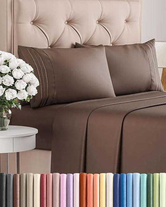 Cal King Size 4 Piece Sheet Set - Comfy Breathable & Cooling Sheets - Hotel Luxury Bed Sheets for Women & Men - Deep Pockets, Easy-Fit, Extra Soft & Wrinkle Free Sheets - Brown Oeko-Tex Bed Sheet Set