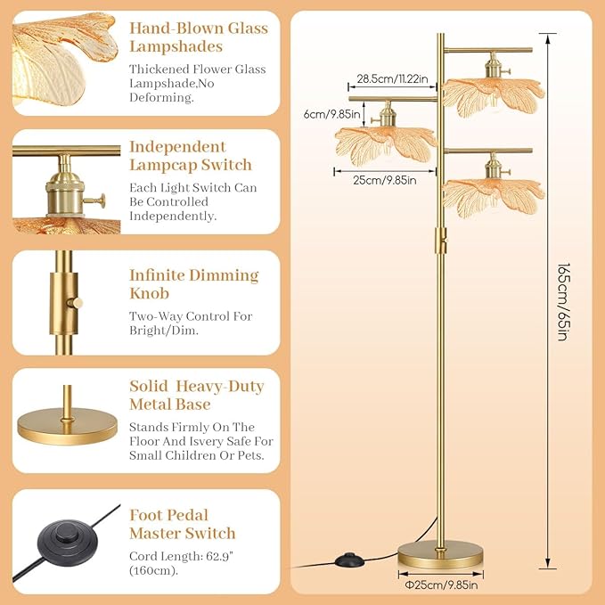 Amber Glass Floor Lamp, Dimmable Gold Standing Lamp with Leaf Lampshade, Three-Way Switch Control, 3-Light Tree Floor Lamp Mid Century Modern Tall Lamp for Living Room Bedroom Office Study